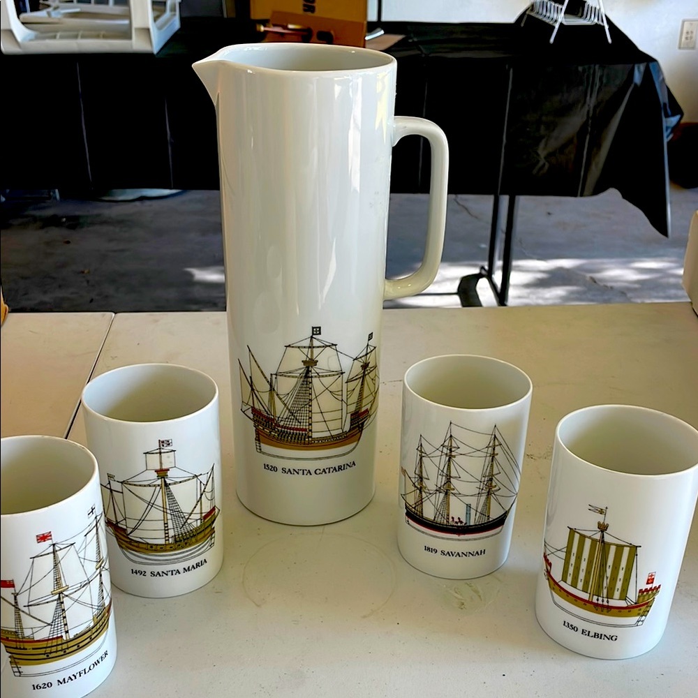 Vintage Johann Haviland Bavaria 11” Porcelain Pitcher Ship set w/ 4 tumblers